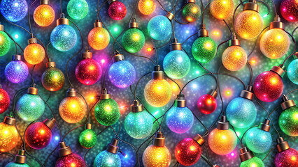 A vibrant display of colorful Christmas lights glowing on a festive background