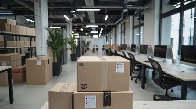 Interior of modern office with chairs wrapped in stretch film and cardboard boxes on moving day