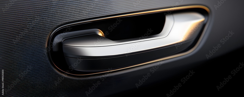 Poster a close-up view of a sleek car door handle showcasing a modern design with reflections and a texture