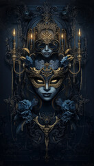 Fototapeta premium Elegant Blue and Gold Masquerade Mask with Gothic Floral Design and Candlelight