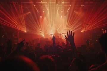 A crowd of people gathered together in a black and white setting, buzzing with energy and activity, The energy in the room is electric, as everyone is swept up in the euphoria of live music