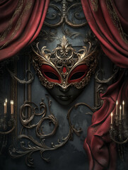 Luxurious Red and Gold Masquerade Mask with Draped Curtains