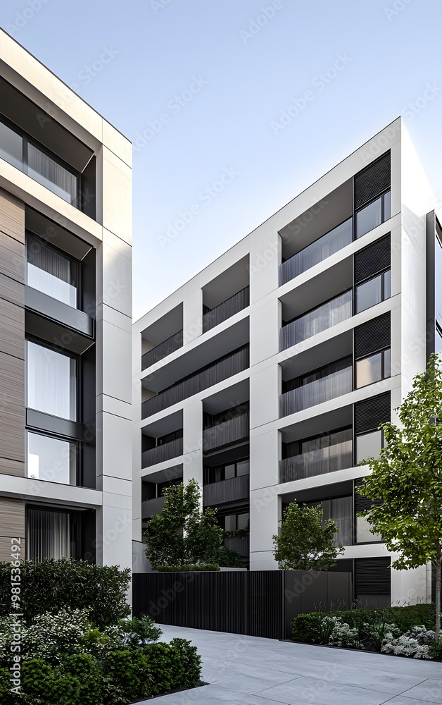 Poster a modern residential building with sleek architecture, featuring large windows and greenery in the f
