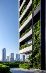 A modern building features lush greenery along its facade, set against a backdrop of urban skyscrapers under a clear blue sky.