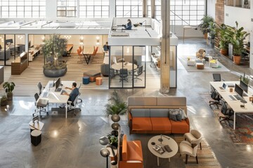 An empty office space flooded with natural light from numerous windows, showing modern workspace design, The evolution of workspace design to accommodate hybrid work models