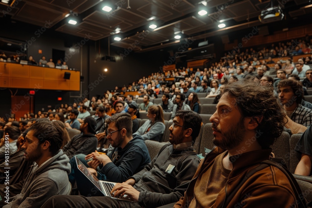 Poster a diverse group of students and professionals attentively listening to a speaker in a lecture hall, 