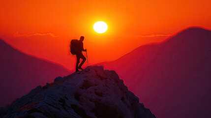 Fototapeta premium Hiker on mountaintop at sunset.