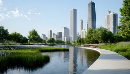 Fototapeta premium A scenic view of a modern city skyline by a tranquil river, surrounded by green parks and contemporary architecture under a clear blue sky.