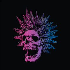 A skull with an open mouth and a punk rock hairstyle. T-shirt design, stickers, print.