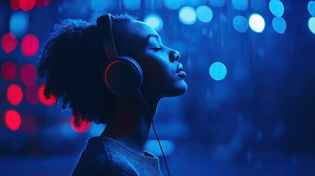 Black woman relaxing with headphones.