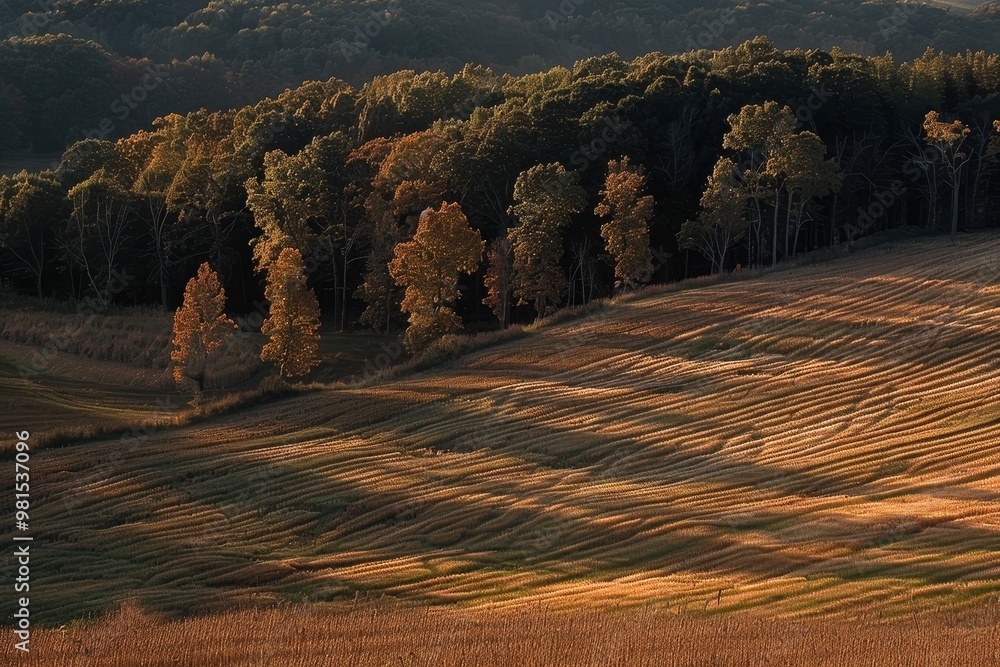 Poster a painting showcasing a field with trees and mountains under fading light, the fading light casting 