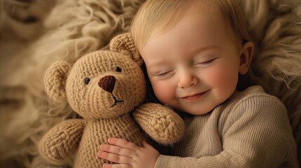 Baby hugging a soft teddy bear.