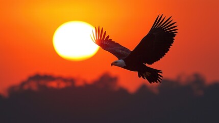 Majestic eagle flying at sunset.