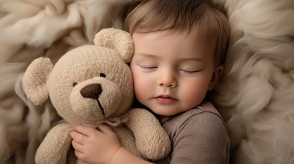 Baby cuddling with a teddy bear.
