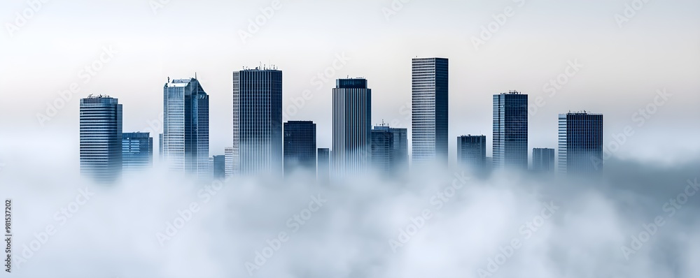 Poster a skyline of modern skyscrapers emerging through a dense layer of fog, creating a serene and captiva