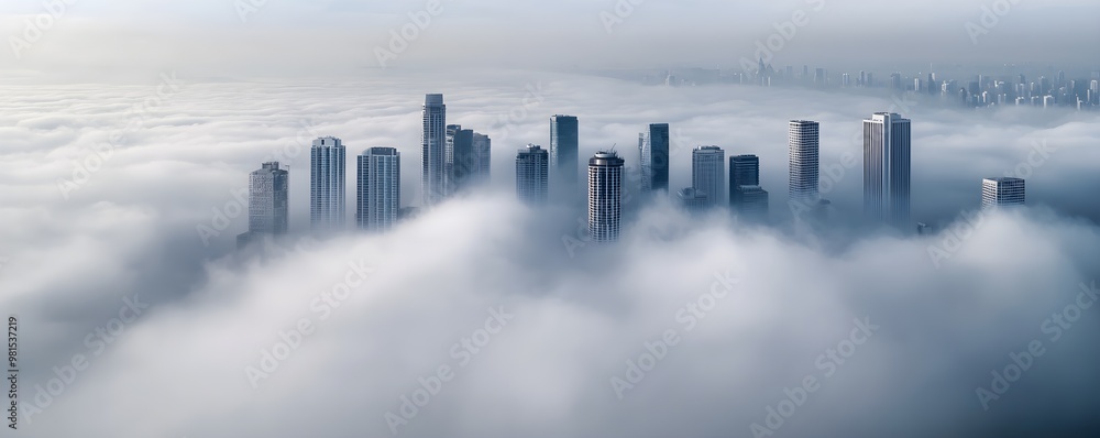 Poster a city skyline emerges from a thick layer of fog, creating a mystical atmosphere with skyscrapers pa