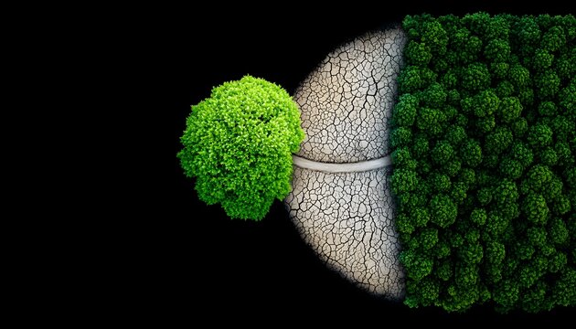 A stylized representation of a brain divided into two halves, one lush with greenery and the other barren, symbolizing nature versus nurture.