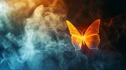 Shining butterfly from paper on a dark background with gradient warm and cold smoke. Magical...