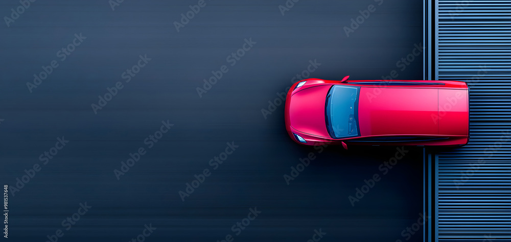 Poster a vibrant red car is seen from above, moving on a dark surface adjacent to striped patterns, showcas