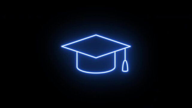 Neon mortarboard icon animation, flickering emergence and fading. Glowing neon academic hat, looped animation. University graduate, business education, MBA, master degree. Violet, blue, azure colors