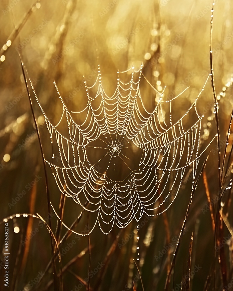 Poster a spider web covered in morning dew glistens in the sunlight, creating a beautiful and intricate pat