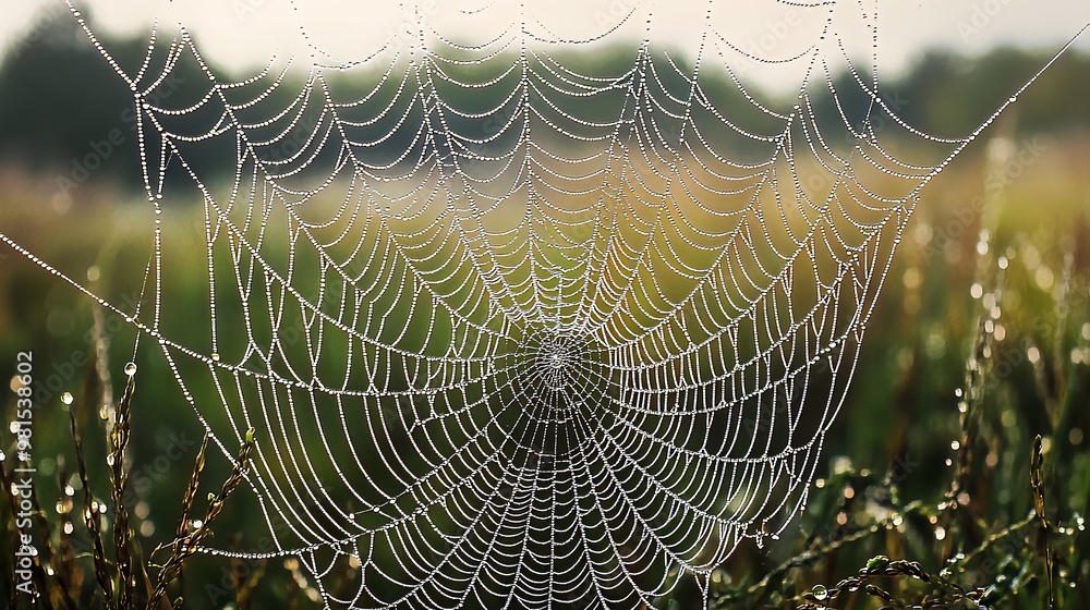 Poster a spider web covered in dew drops with a blurred background of green grass and a golden sky.