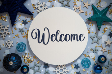 Text Welcome, Blue Flatlay, Christmas, Winter Decor