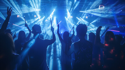 Silhouettes in a nightclub under blue beams of light and young people holding light sabers enjoying...