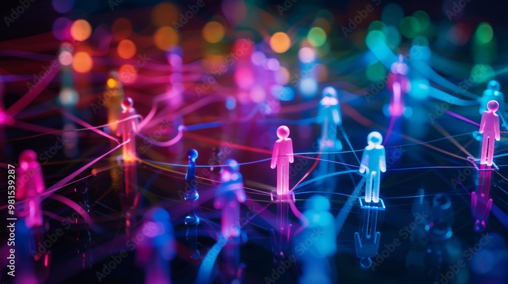 Poster people are interconnected within a vibrant digital network that is illuminated by colorful and dynam