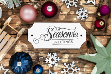 Christmas Decor, Wooden And Colorful With Text Seasons Greetings