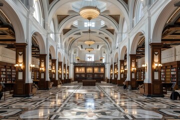 Fototapeta premium A vast library space filled to the brim with countless books and shelves, The grand architecture of the library, a beacon of knowledge and learning