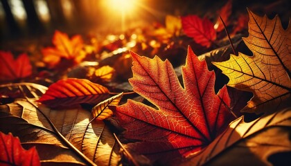 Dramatic close-up of colorful autumn leaves with sunlight illuminating the forest floor