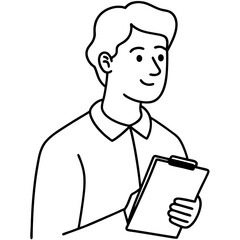 A man is holding a clipboard and smiling. Concept of organization and productivity