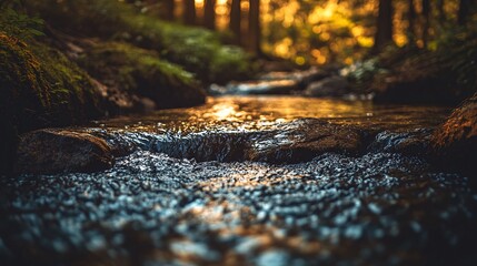 Fototapeta premium A small stream flows over rocks in a forest, sunlight reflecting off the water.