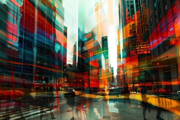 Obraz premium People bustling down city street next to passing train, The hustle and bustle of city life captured through a blend of colors and shapes in the skyline