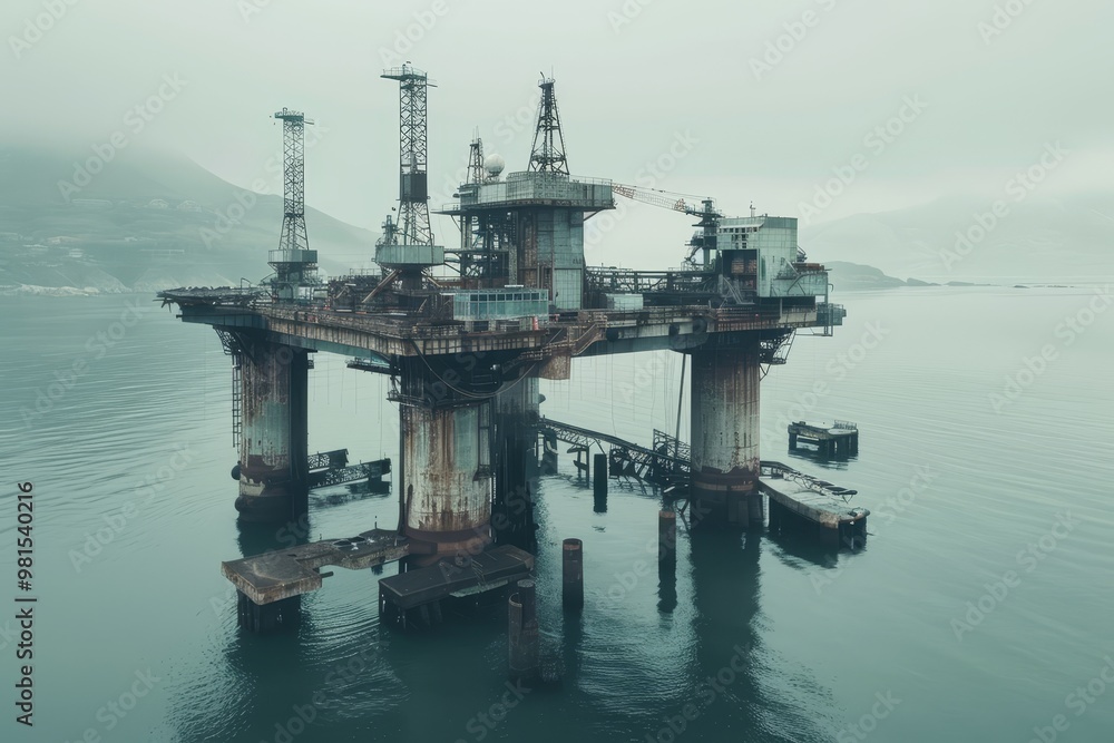 Poster A computer screen displaying vibrant and colorful lines, illustrating digital data processing, The industrial structure of an oil rig blending with the natural beauty of the sea