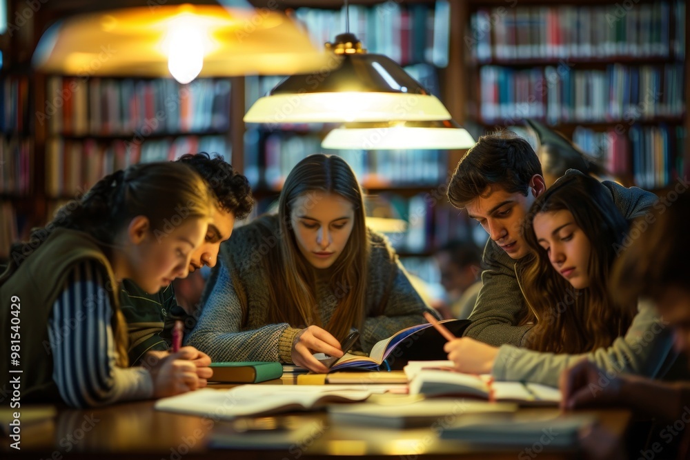 Poster study group huddled around a table on a blue and black background with clouds and lights, the intens