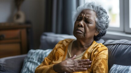 Fototapeta premium Elderly African American black woman, grandmother sitting on a couch with chest pain, ache Heart attack symptom Emergency medicine treatment Retired Senior female health disease Unhealthy pensioner