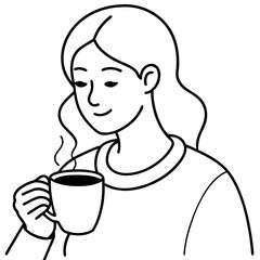A woman is holding a cup of coffee and smiling. Concept of relaxation and enjoyment, as the woman is taking a break from her day to savor her coffee