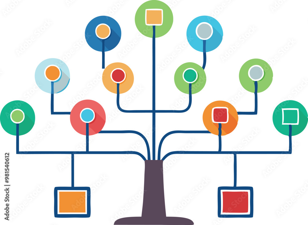 Poster digital tree with connected nodes, representing a data network, growth, and information processing
