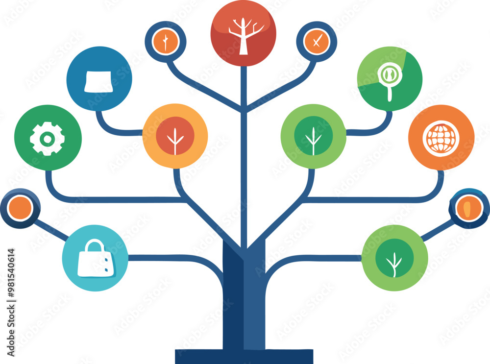 Poster tree with colorful connected nodes, symbolizing growth, technology, and data connections in a digita