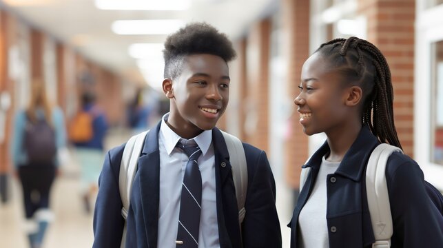 African American black school pupils or college teenage students or classmates wearing uniform Male and female friends talking in the hallway, smiling Boy and girl having an educational conversation 