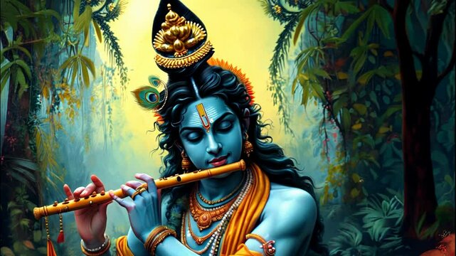 Hare Krishnas. Hindu male god or saint with blue skin, gold jewelry, colorful clothes and framed with colorful flowers. Krishna plays the flute.