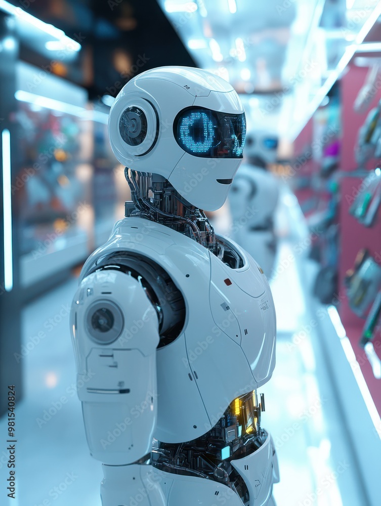 Poster a futuristic shop where robots assist customers in finding their perfect purchase ai_generated