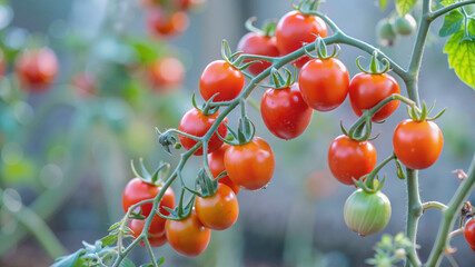 Ripe Cherry Tomatoes Growing on Vine in a Sunlit Garden