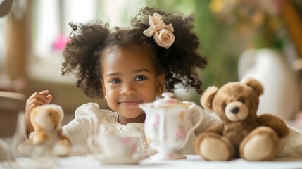Cute little smiling African American black girl Female toddler playing alone with teddy bears on her tea party Sitting at the table Teapot and cup Childhood happiness Imaginary friend Preschool kid 