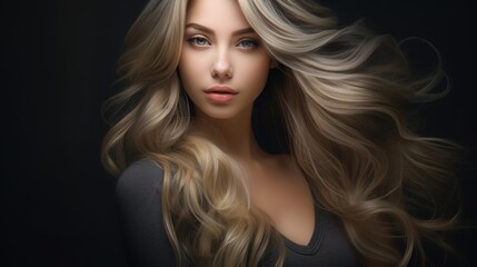 Naklejka premium A woman with long blonde hair is standing in front of a black background