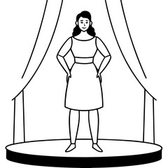 A woman stands on a stage in front of a curtain. She is dressed in a white dress and is smiling. The scene is set in a theater, and the woman is likely a performer. Scene is lighthearted and cheerful