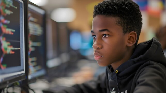 African American teenage black boy Male school pupil or student programming or coding on a computer looking at monitor screen College informatic Classroom Technology Education Digital software Program