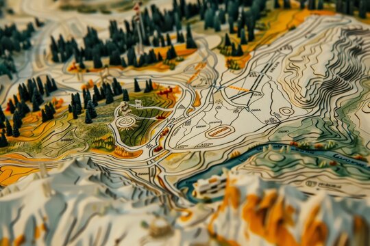 Close-up of ski trail map with mountains as backdrop, The intricate design of a ski trail map